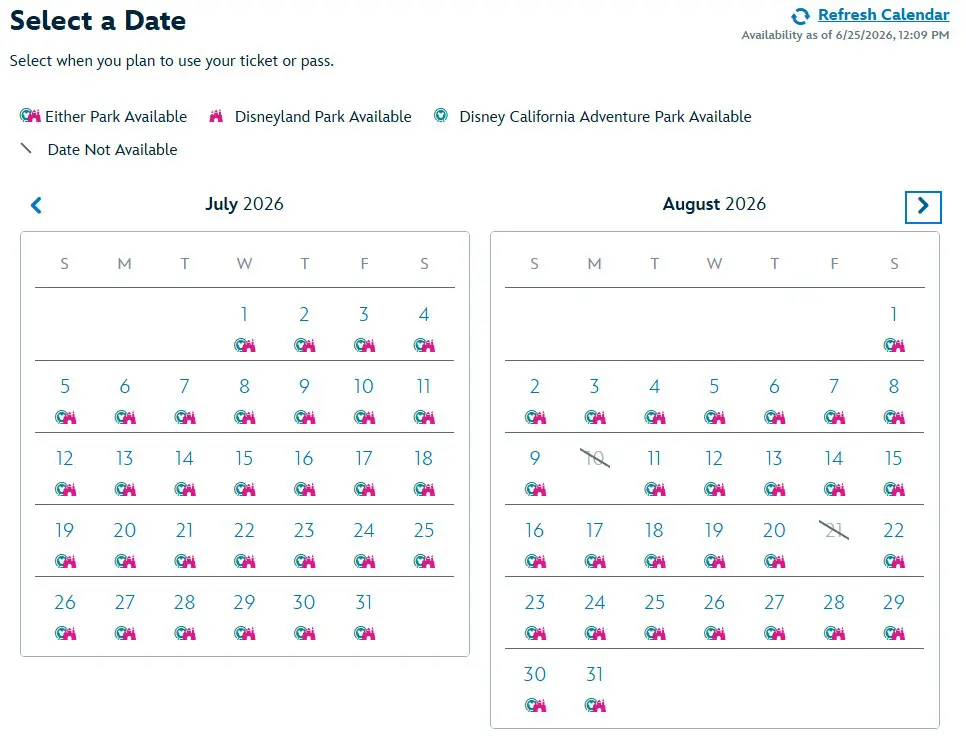 Disneyland reservation system calendar