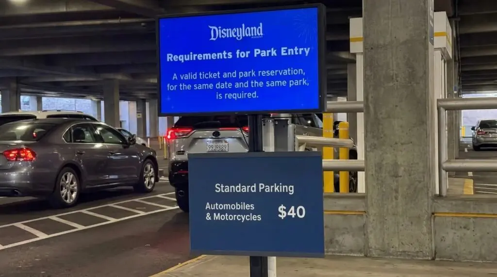 Parking price signage at Disneyland Resort at the Mickey and Friends Parking Structure