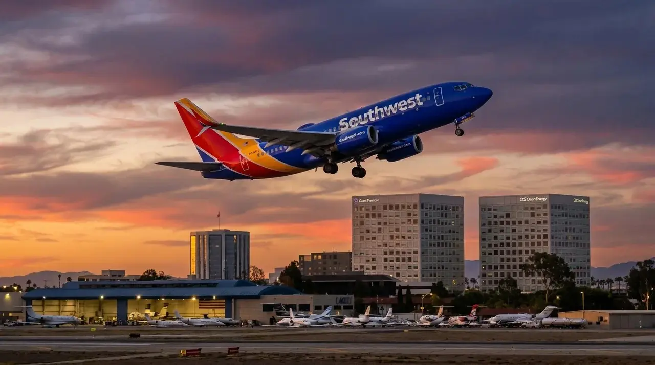 Southwest Flight Taking off from John Wayne Airport at Sunset