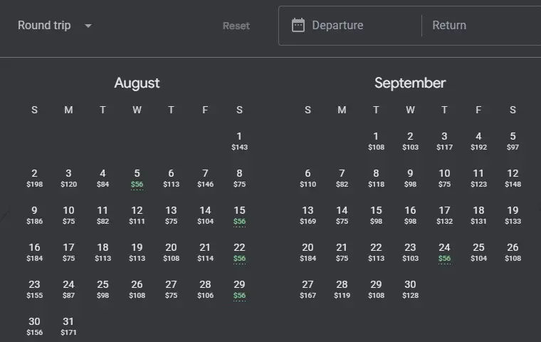 Flight prices for John Wayne airport displaying cheaper prices on midweek days compared to weekends.
