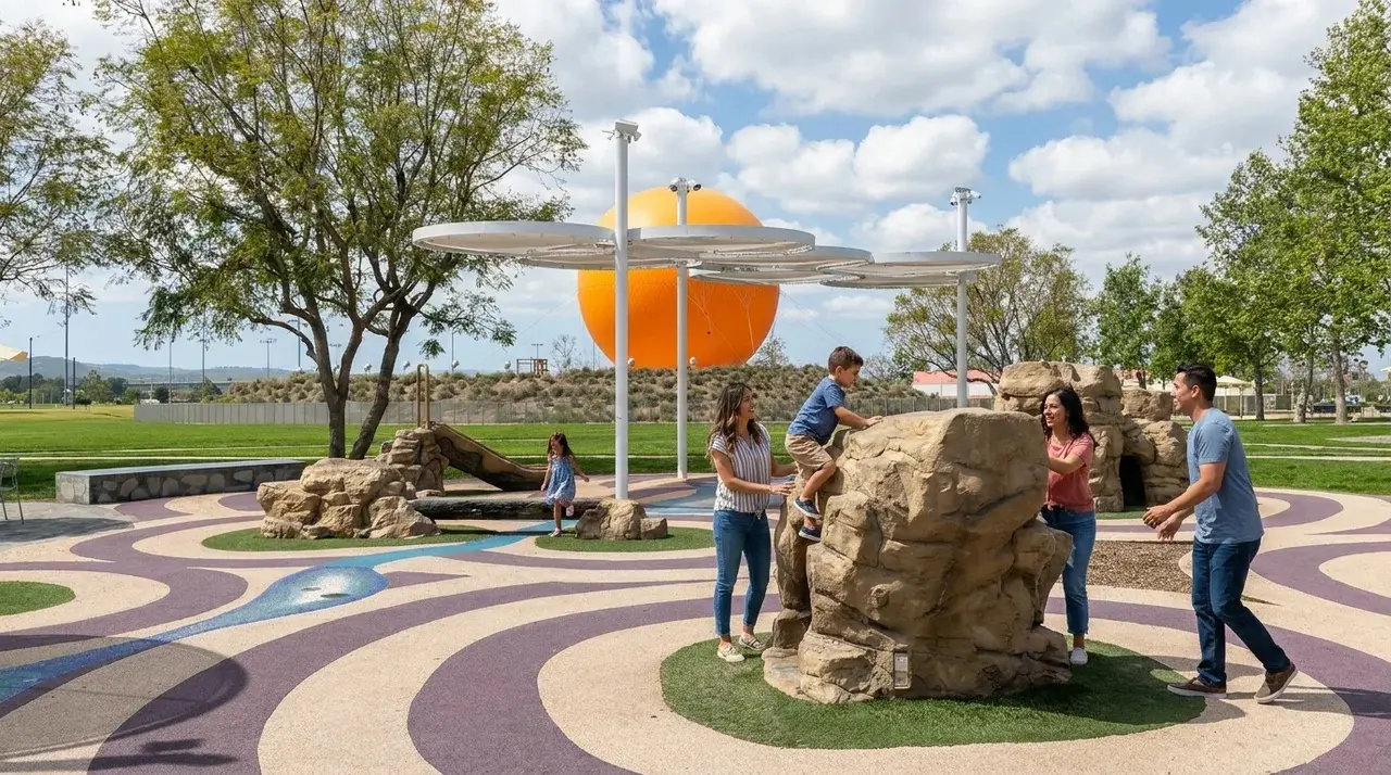 Family playing at Irvine's Great Park Playground