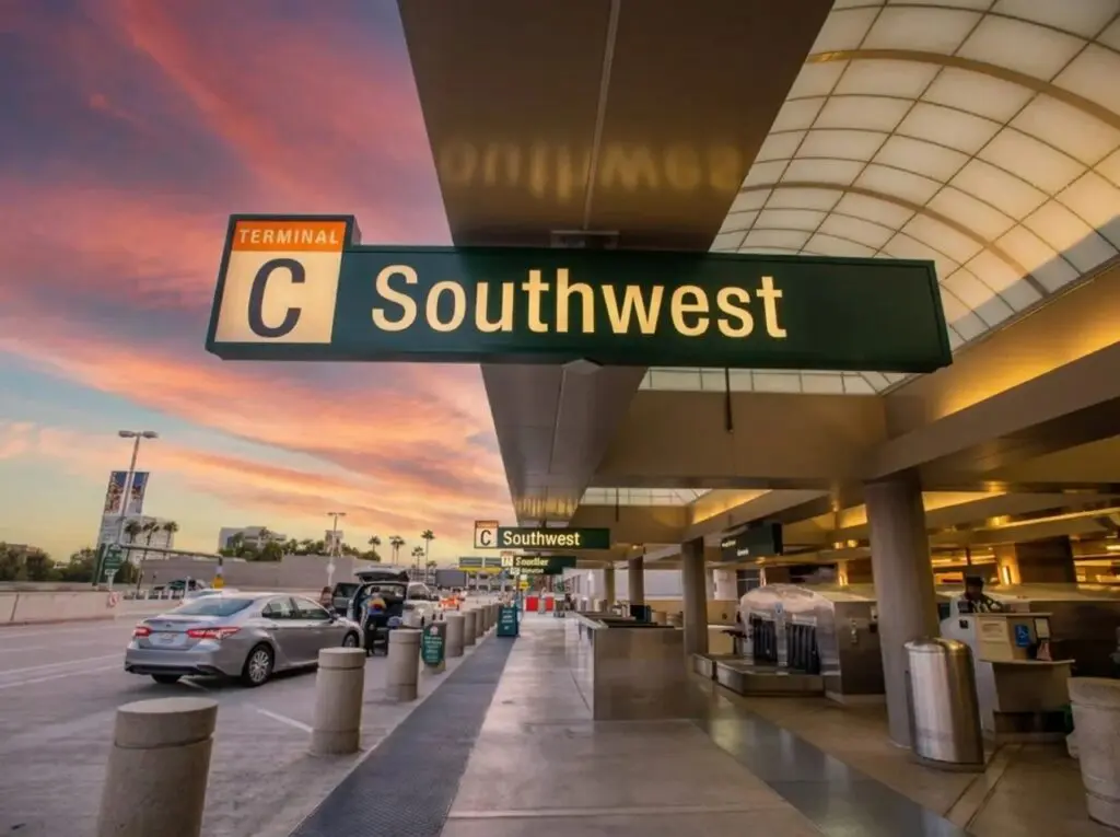 Southwest Airlines signage outside of John Wayne Airports Departures area.