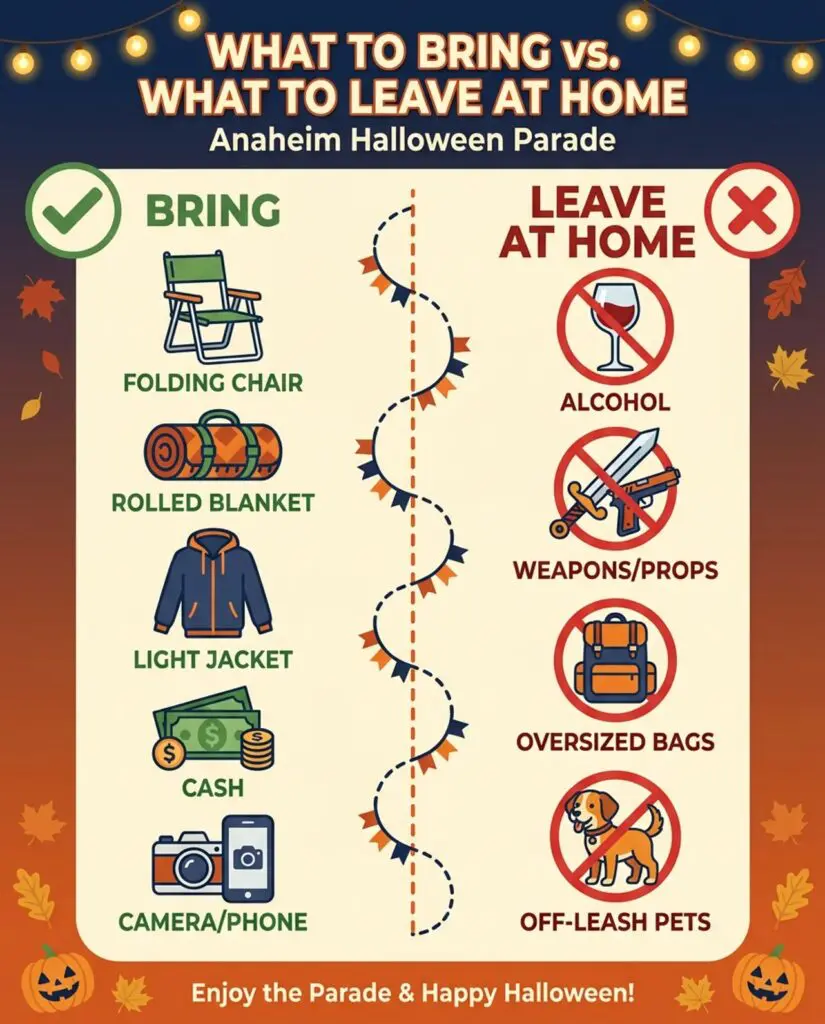 Infographic of what to bring and what not to bring to the Anaheim Halloween Festival and Parade