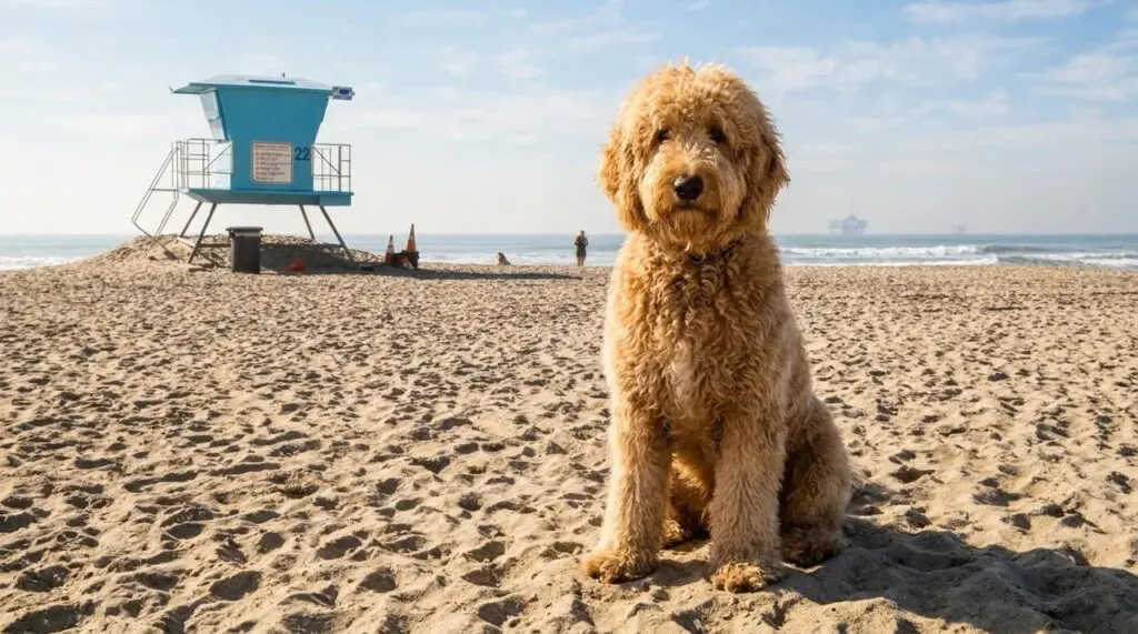 Golden Doodle at Huntington Beach Dog Beach.