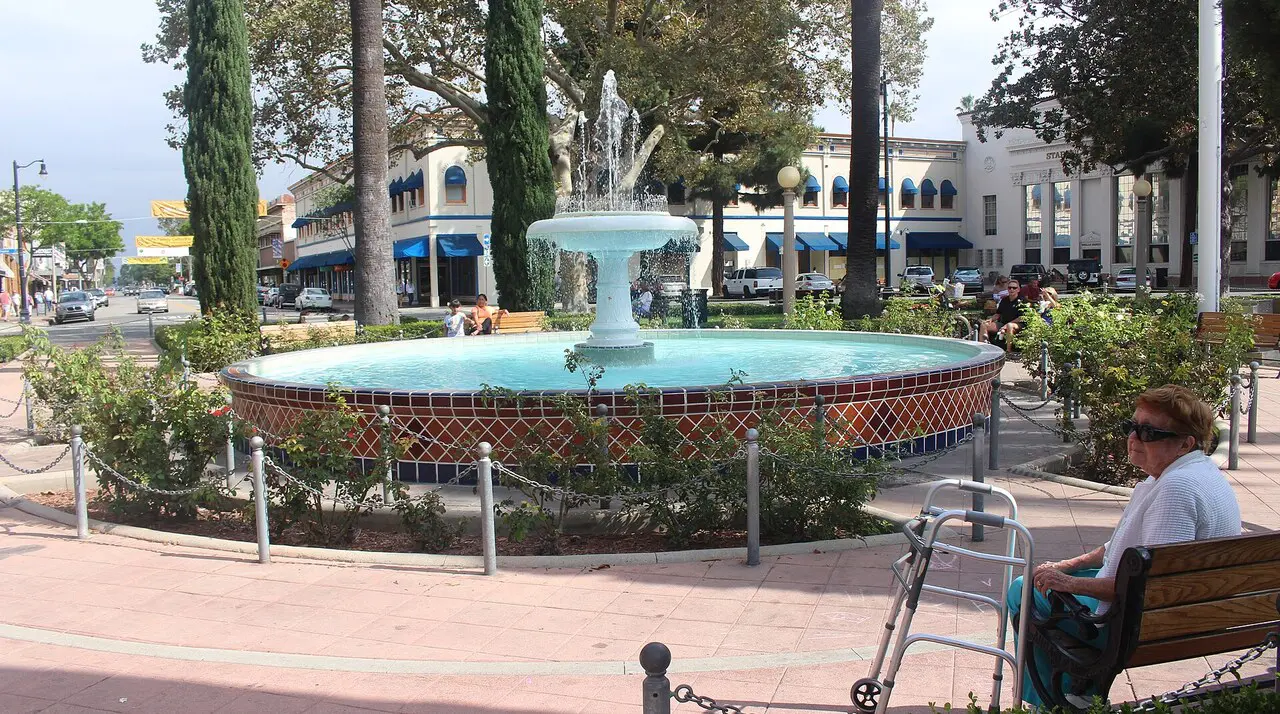Fountain and tiled basin at Plaza Square Park in Old Towne Orange, home of the International Street Fair