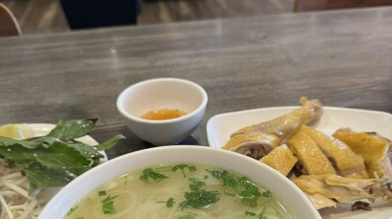 Pho Dakao chicken pho with yellow-skin poached chicken, basil, and ginger dipping sauce