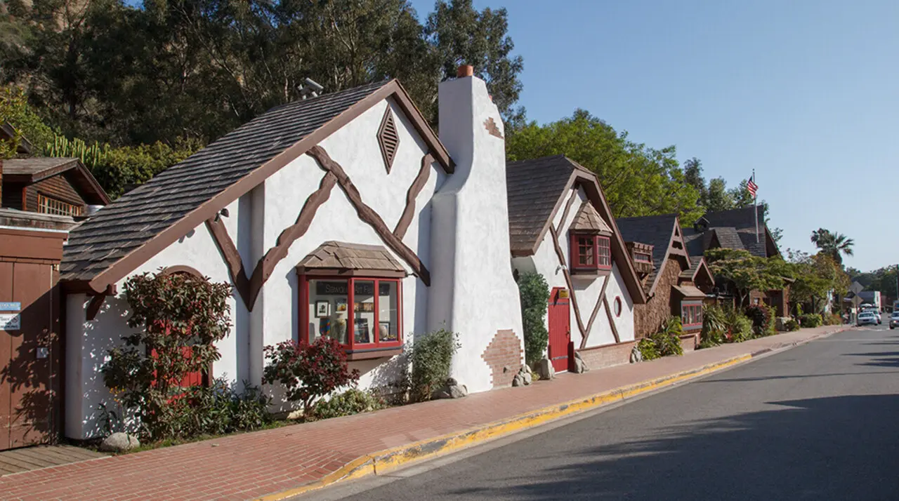 Sawdust Art Festival entrance facade among the eucalyptus trees in Laguna Canyon