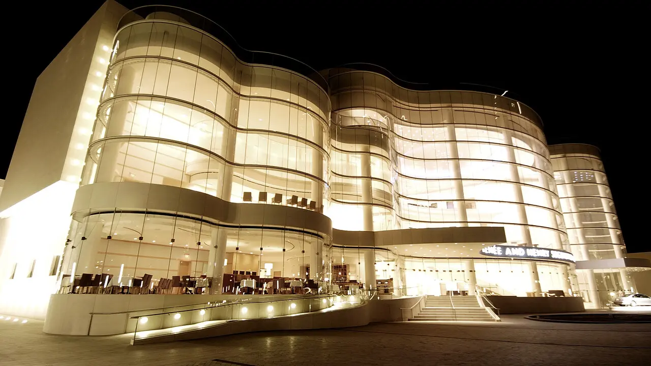 Night exterior of Segerstrom Center for the Arts concert hall in Costa Mesa for a show-night date