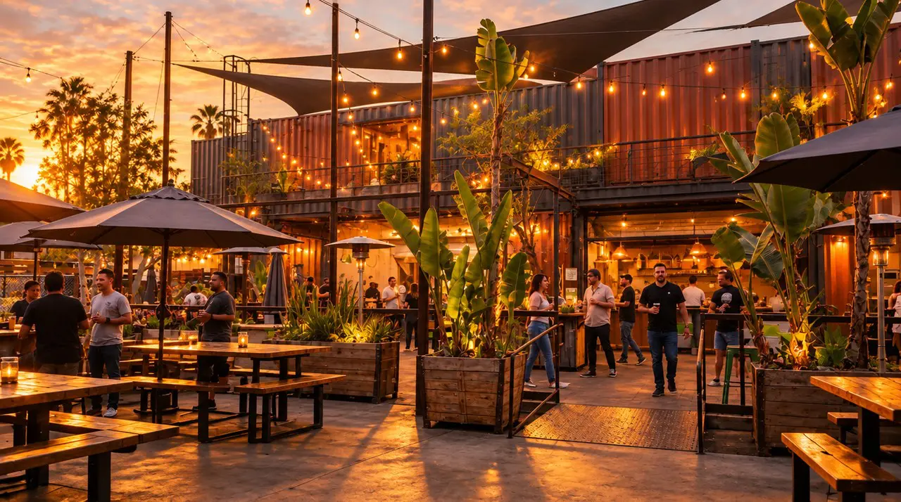 SteelCraft Garden Grove outdoor food hall patio during Oktoberfest beer festival in Orange County