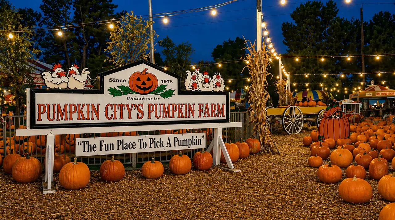 Pumpkin City's Pumpkin Farm sign and pumpkins at Laguna Hills Mall pumpkin patch
