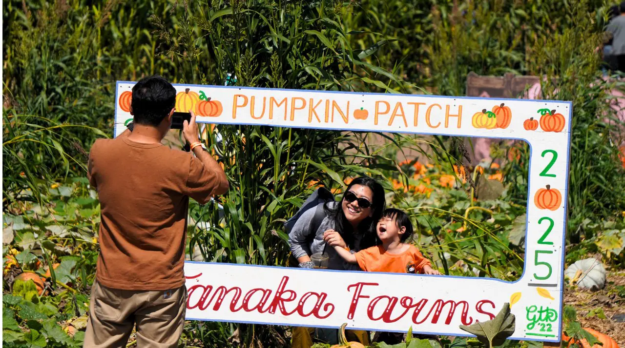 Family posing in the Tanaka Farms pumpkin patch photo frame in Irvine, a top pumpkin patch in Orange County